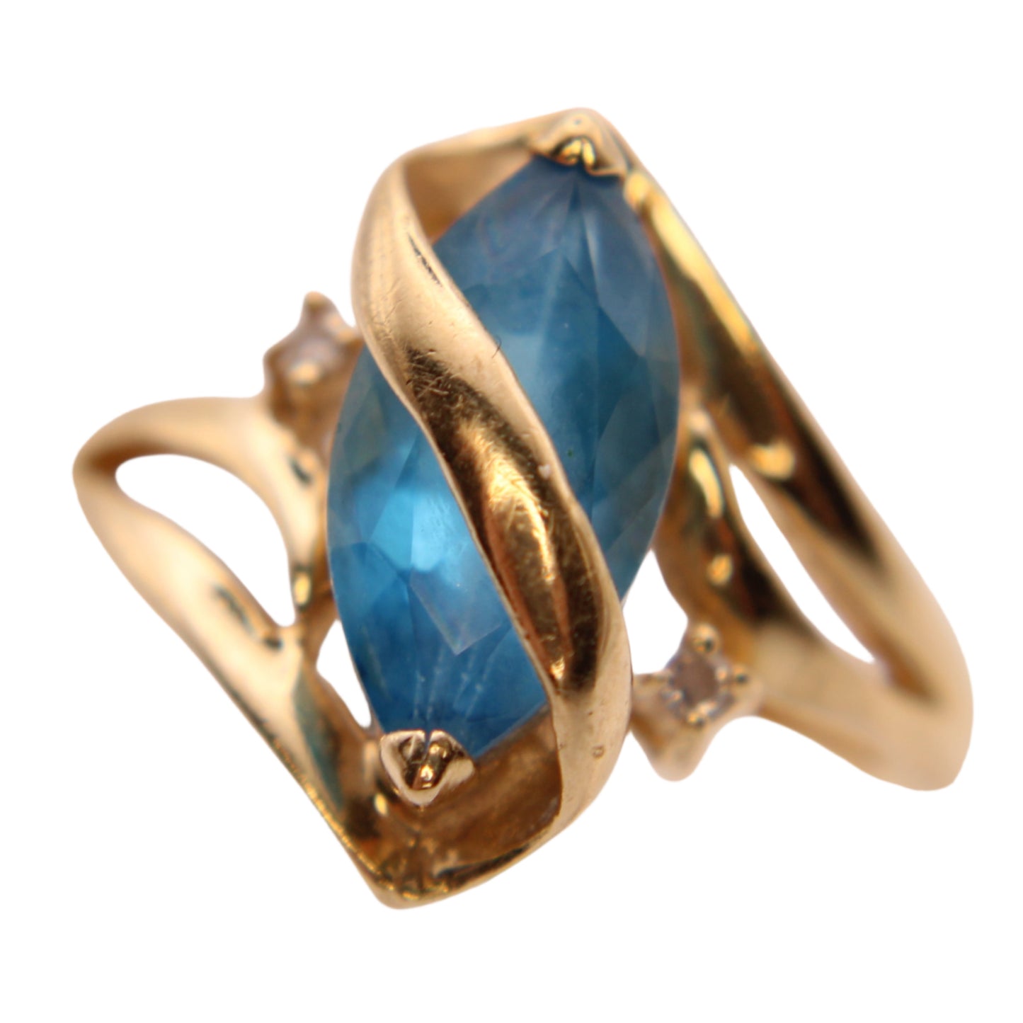 14kt Yellow Gold Diamond Blue Topaz Marquise Ribbon Wrap Cocktail Ring