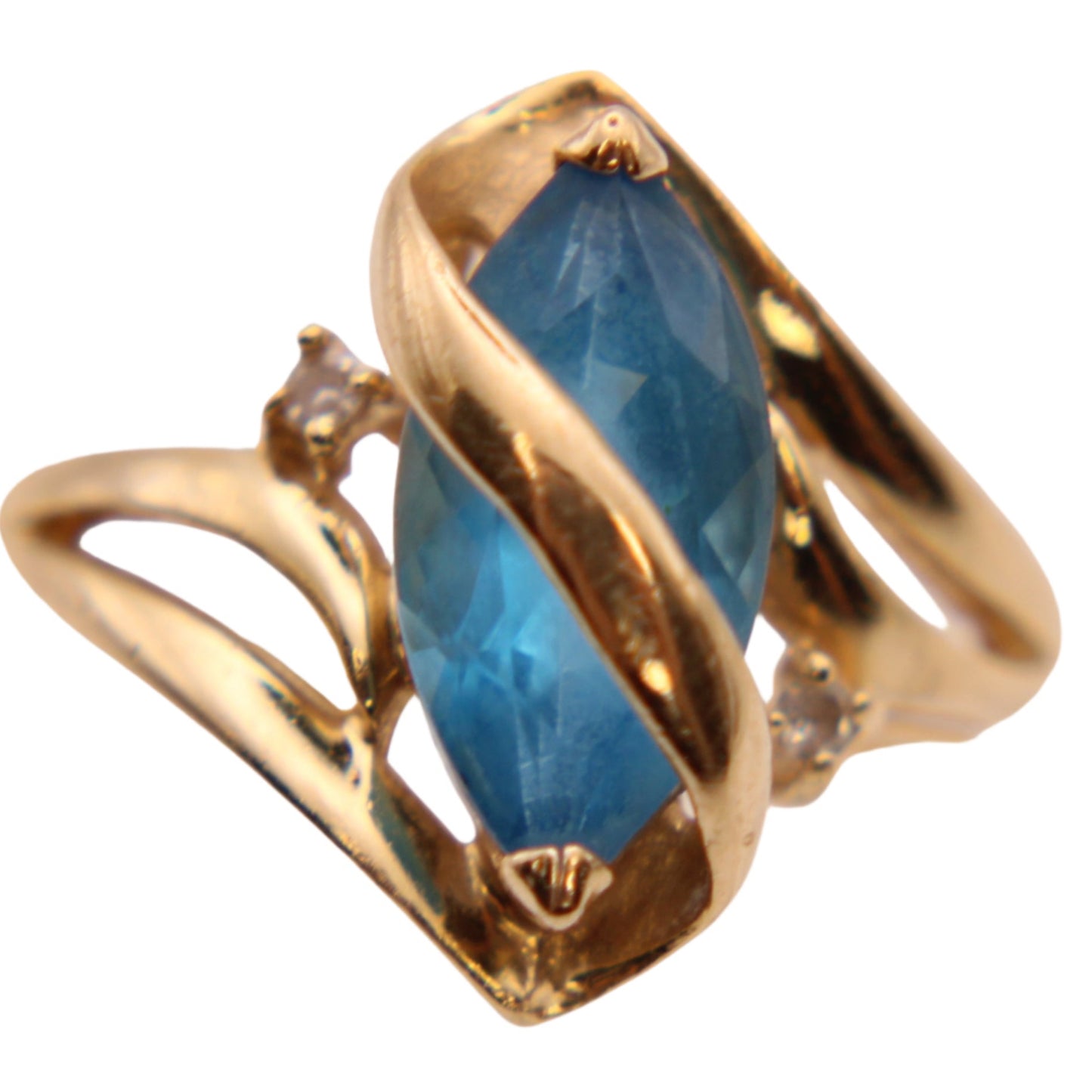 14kt Yellow Gold Diamond Blue Topaz Marquise Ribbon Wrap Cocktail Ring