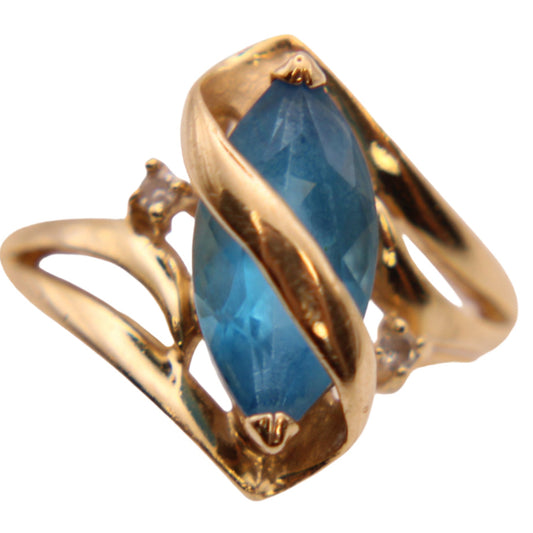 14kt Yellow Gold Diamond Blue Topaz Marquise Ribbon Wrap Cocktail Ring