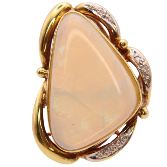 *SOLD* Vintage 14kt Yellow White Gold Large Natural Australian Opal Fire Diamond Cocktail Ring