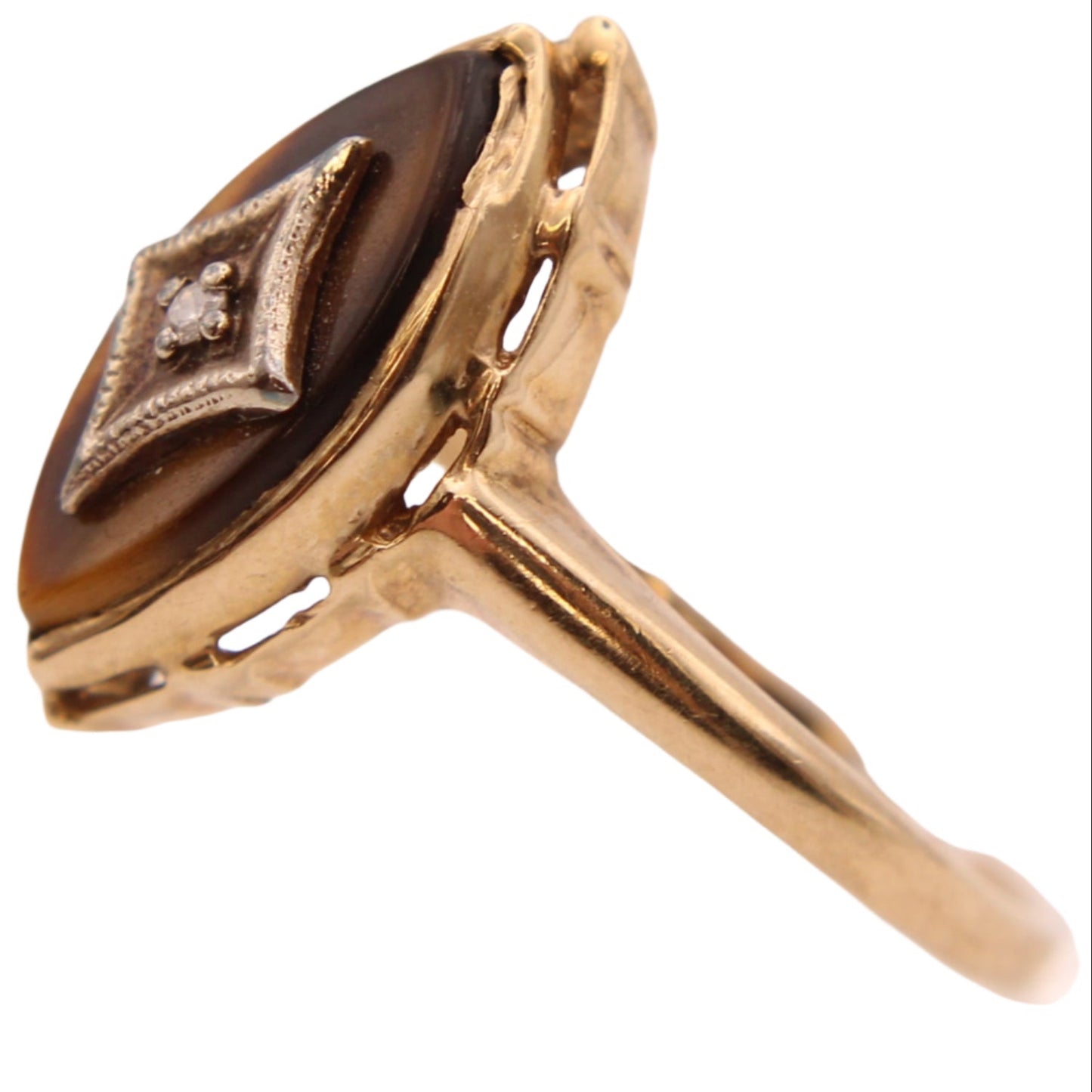 Antique 10kt Yellow Gold Tigers Eye Diamond Art Deco Cocktail Statement Ring