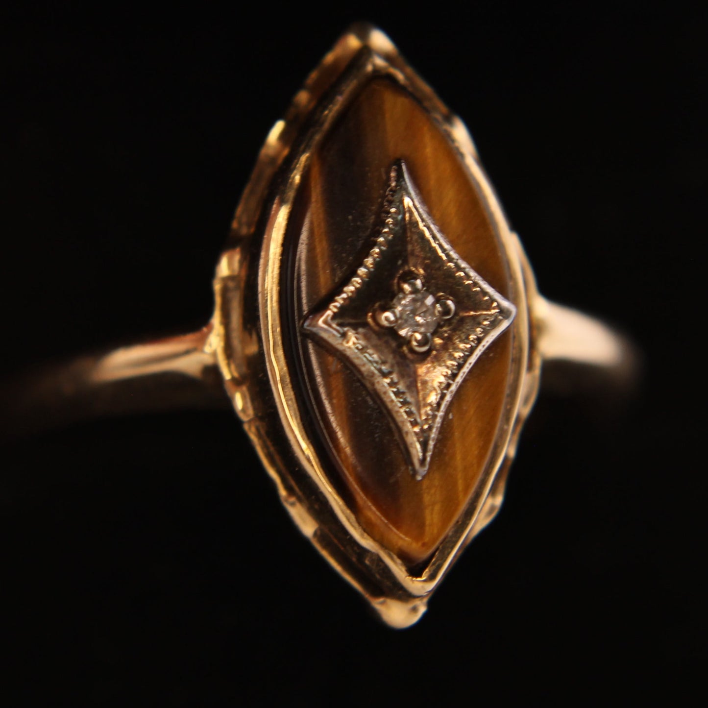 Antique 10kt Yellow Gold Tigers Eye Diamond Art Deco Cocktail Statement Ring