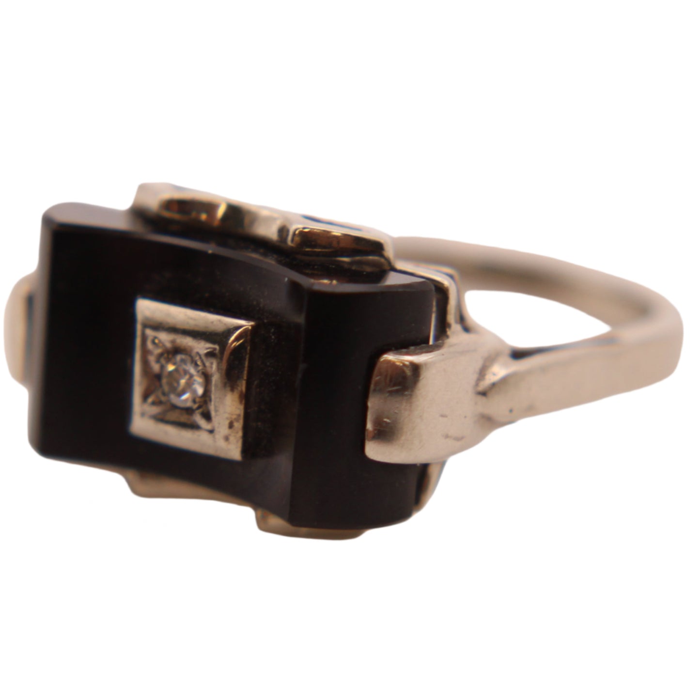 Antique 10kt White Gold Art Deco Onyx Diamond Cocktail Ring