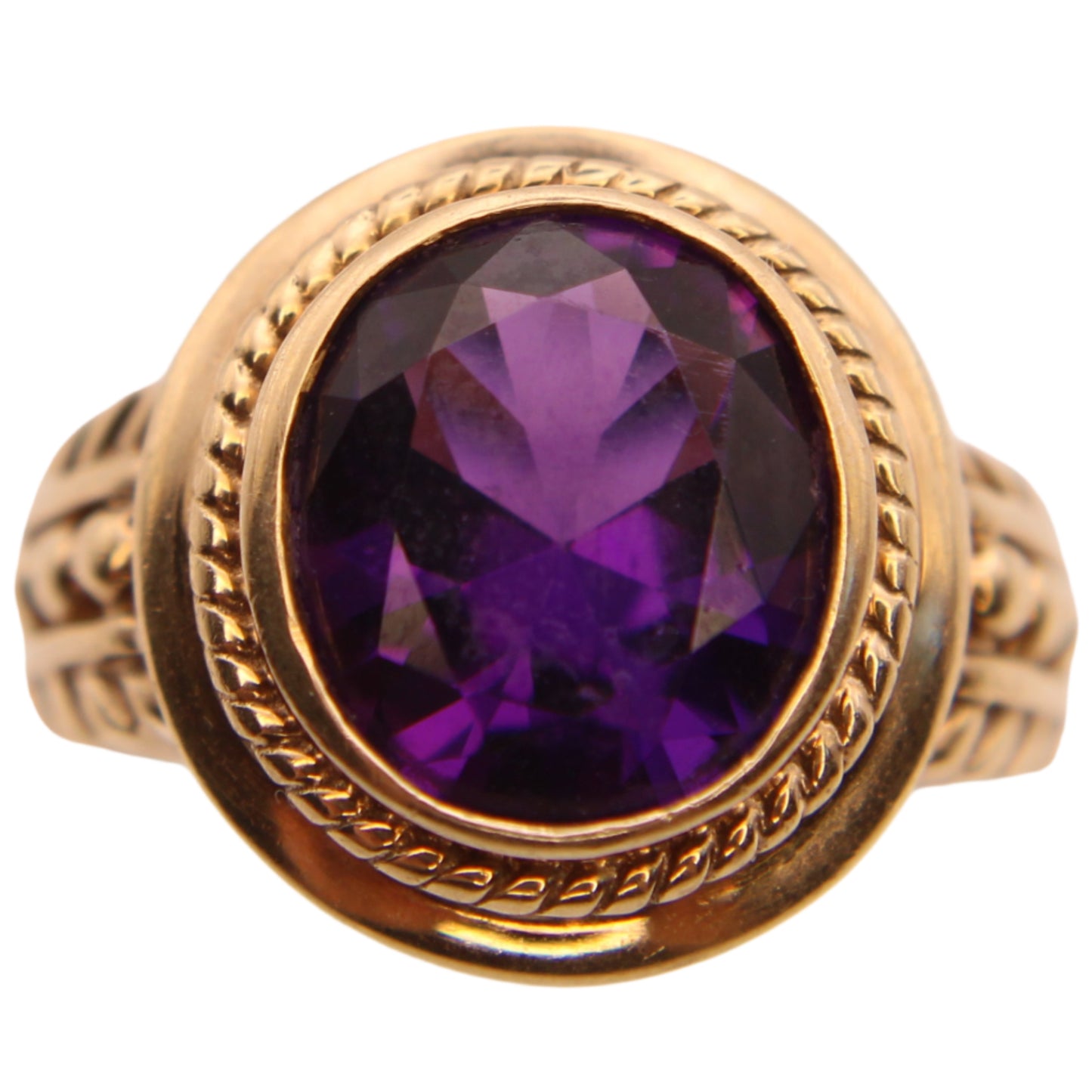 *SOLD* 9kt Yellow Gold Amethyst Bezel Bali Rope Class Ring