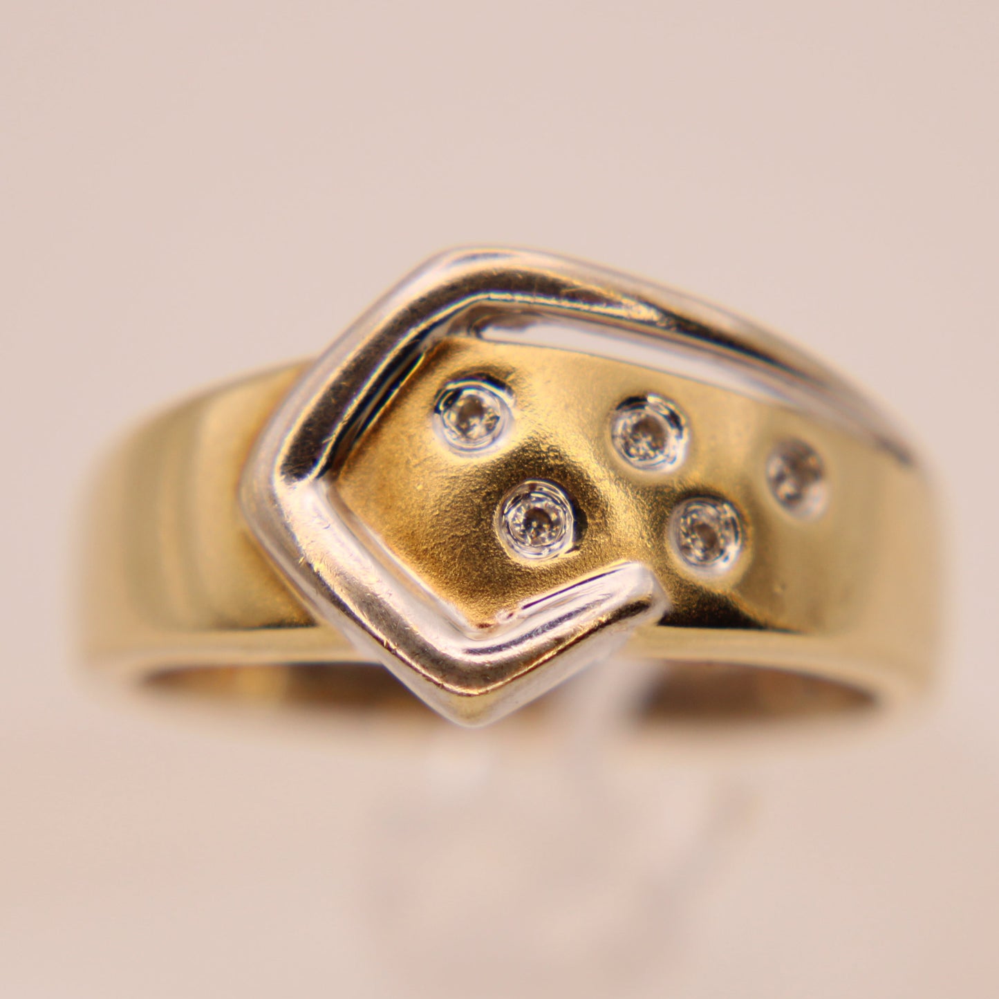 14kt Two Tone Yellow White Gold Diamond Flush Gypsy Set Belt Buckle Ring