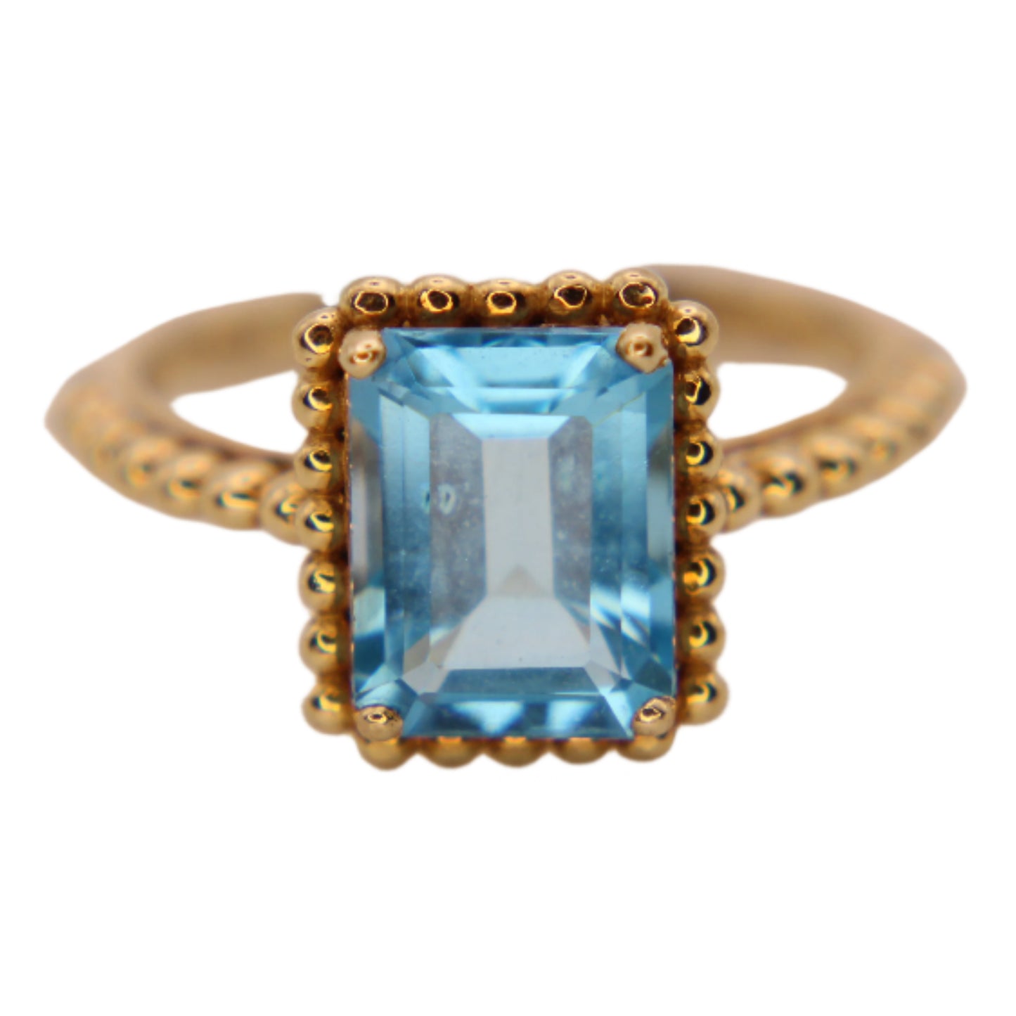 10kt Yellow Gold 2 CT Blue Topaz Emerald Cut Beaded Frame Cocktail Ring
