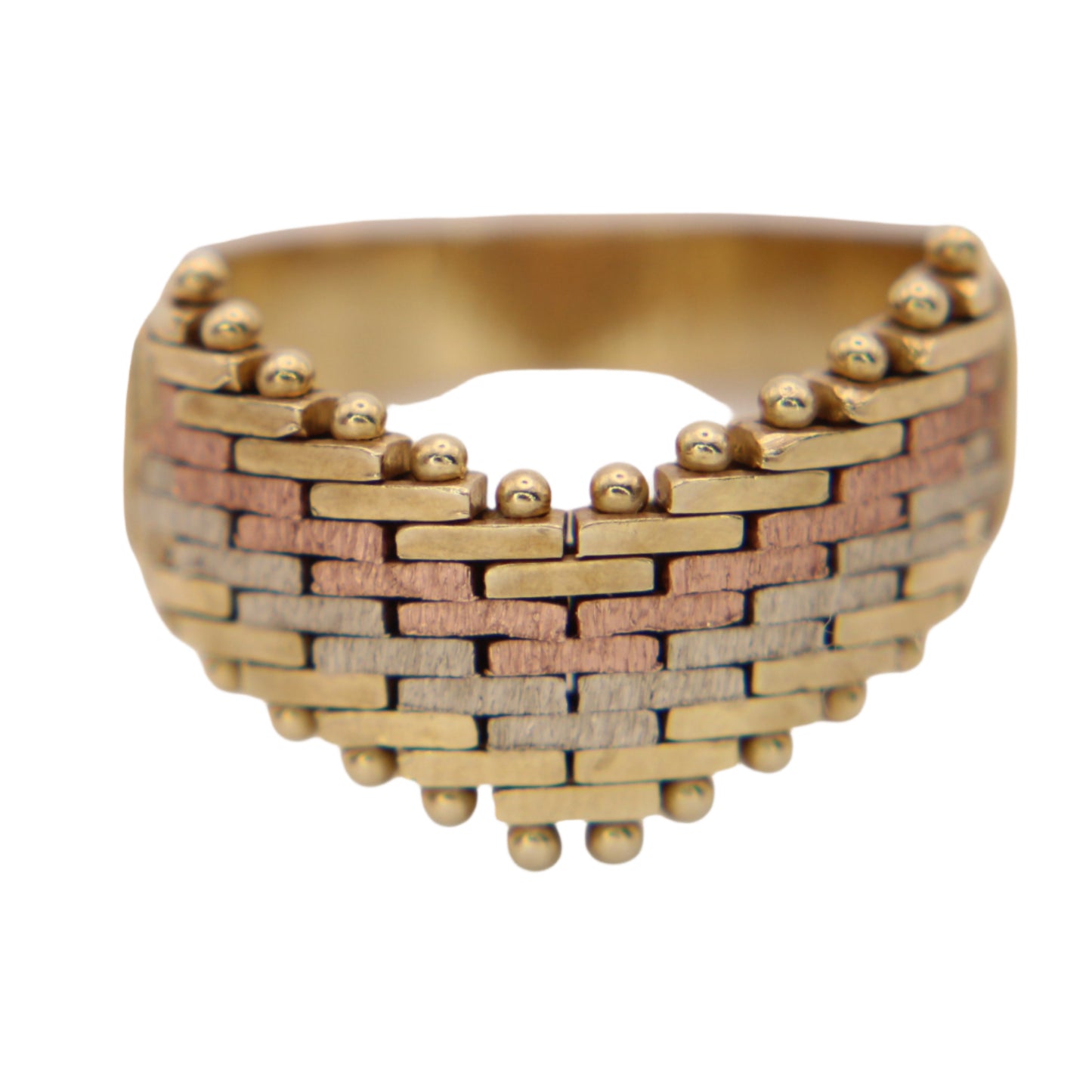 14kt Tri-Gold Mesh Wide V Point Beaded Edge Yellow Rose White Band Ring