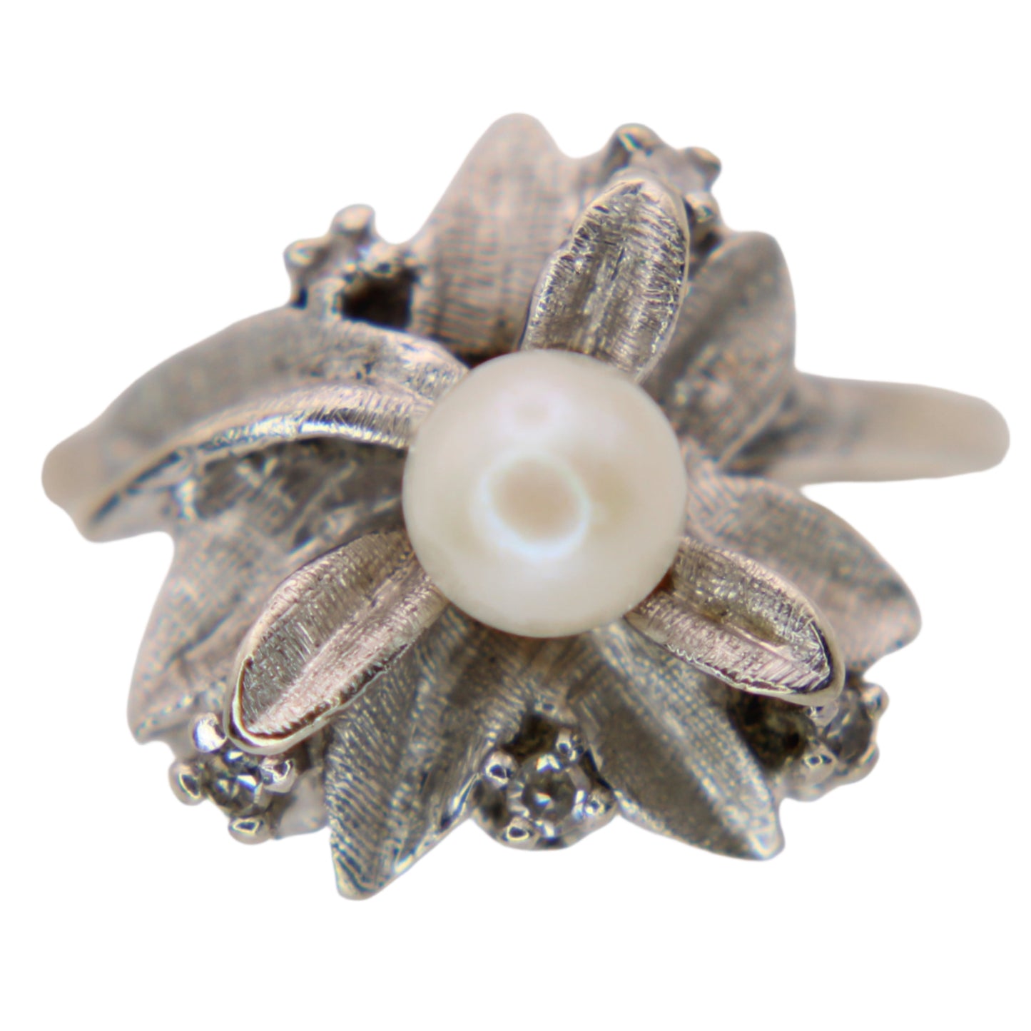 Antique Dason 14kt White Gold Diamond Pearl Flower Cocktail Ring