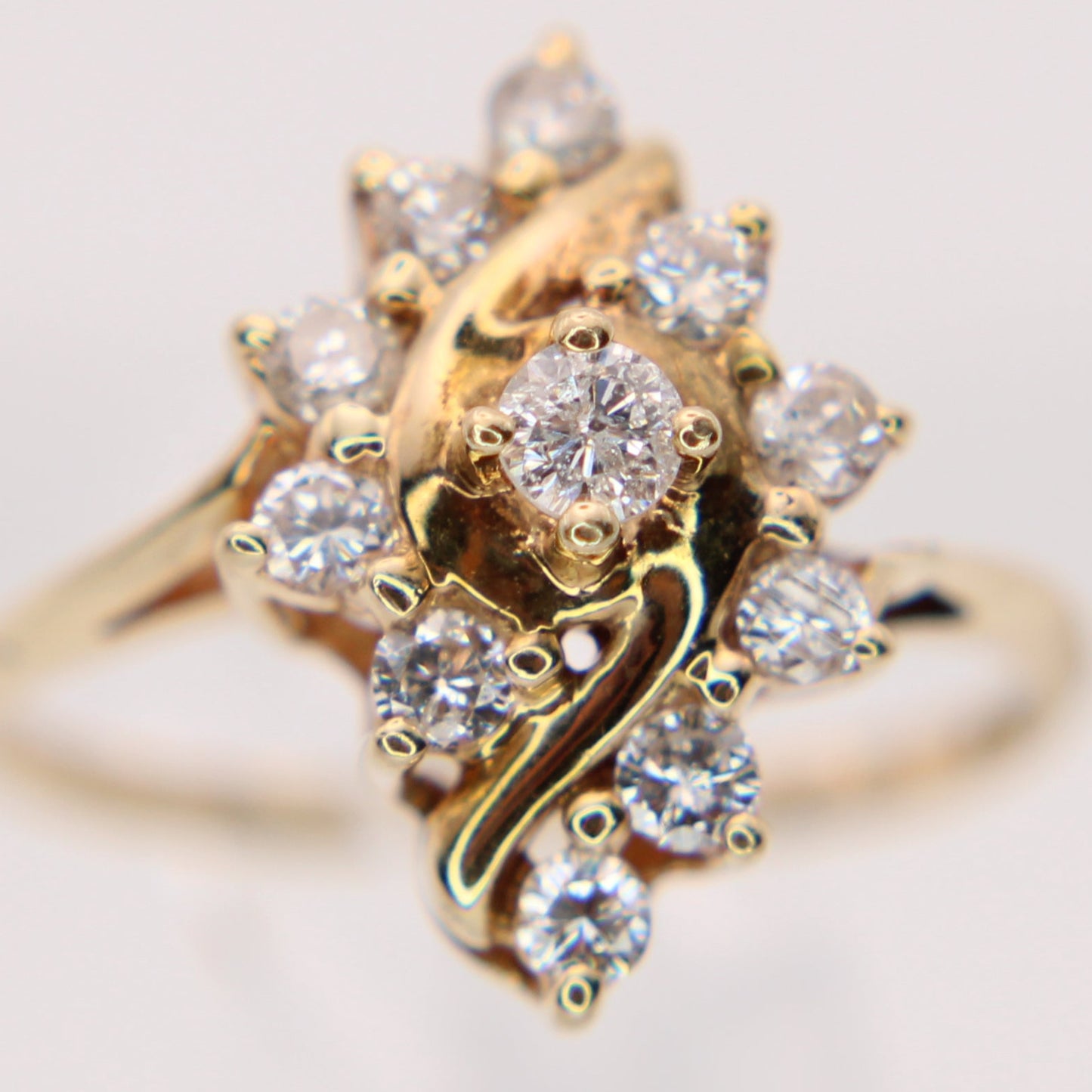 Vintage 14kt Yellow Gold Diamond Navette Cluster Cocktail Engagement Ring