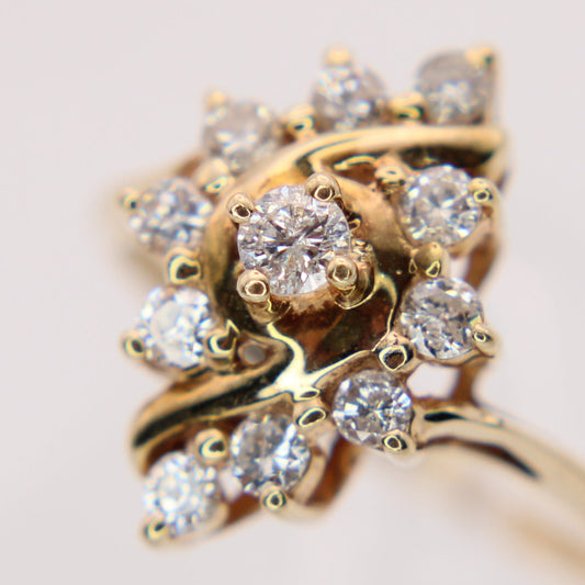 Vintage 14kt Yellow Gold Diamond Navette Cluster Cocktail Engagement Ring 7.25