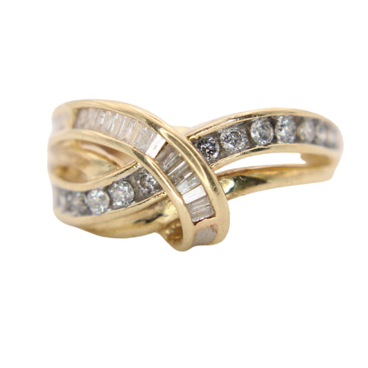 *SOLD* 10kt Yellow Gold Natural Diamond Round & Baguette Swirl Ribbon Ring