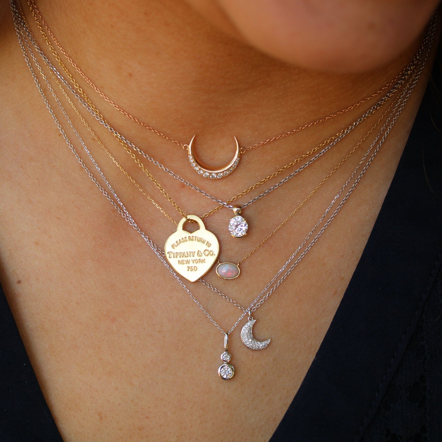 Ferkos 14kt Rose Gold Diamond Crescent Moon Choker Chain Link Necklace 15"