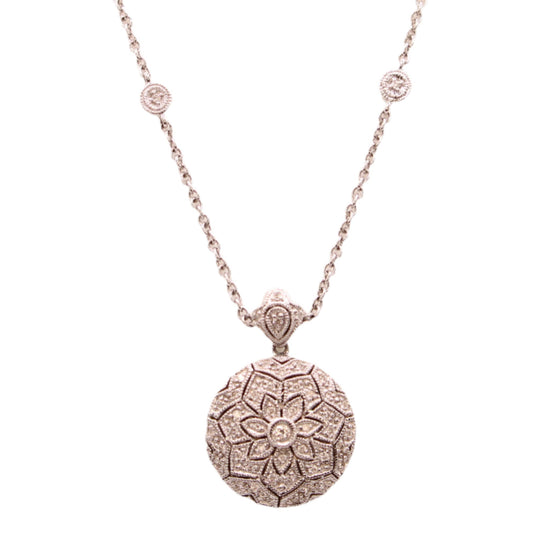 14kt White Gold Diamond Mandala Locket Station Chain Link Necklace 16"