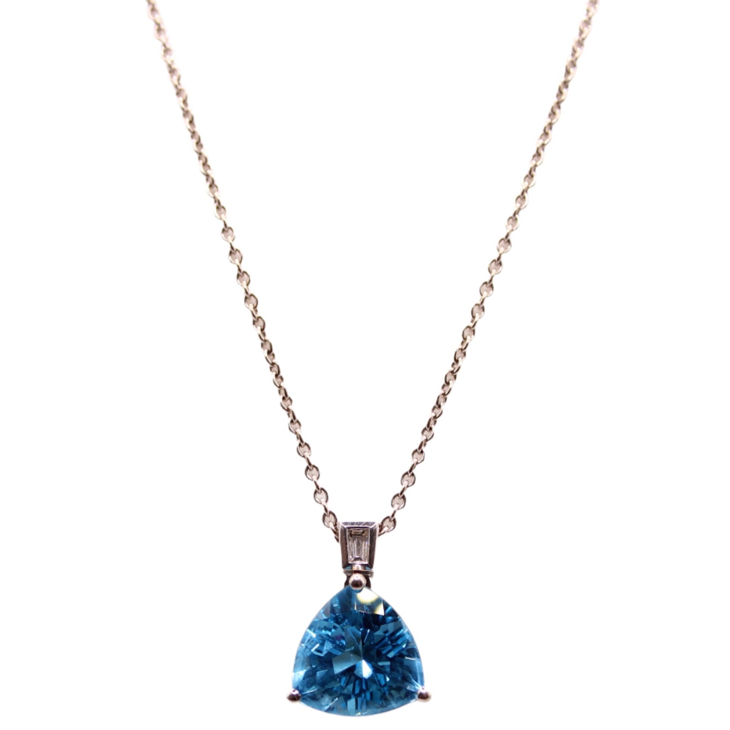 14kt White Gold Trillion Blue Topaz Baguette Diamond Cable Chain Necklace