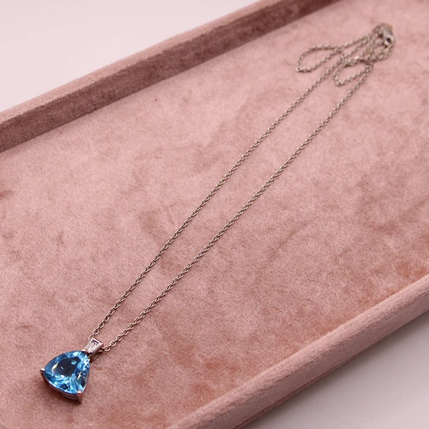14kt White Gold Trillion Blue Topaz Baguette Diamond Cable Chain Necklace