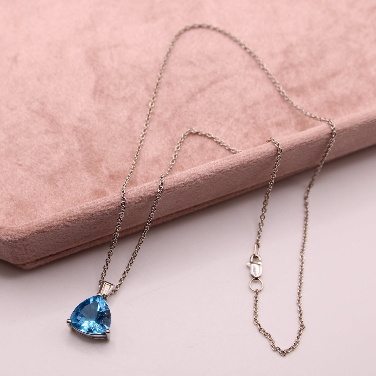 14kt White Gold Trillion Blue Topaz Baguette Diamond Cable Chain Necklace