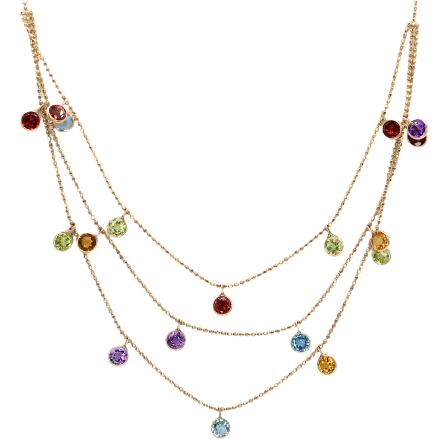 Vintage 14kt Yellow Gold 3 Tier Multi Color Topaz Station Bead Link Chain Necklace