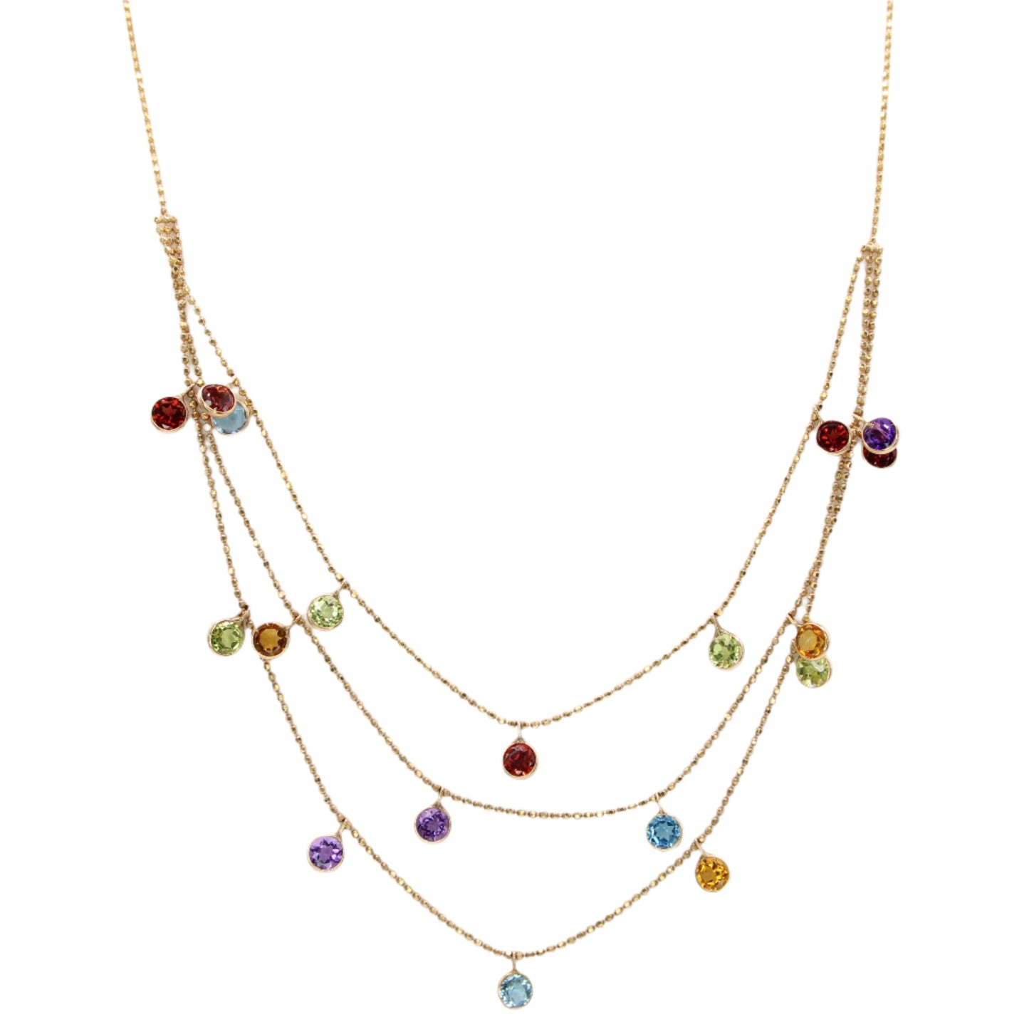 Vintage 14kt Yellow Gold 3 Tier Multi Color Topaz Station Bead Link Chain Necklace