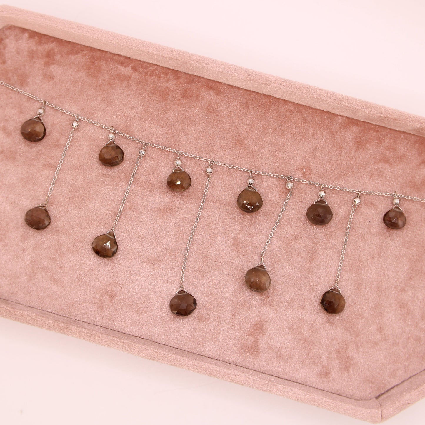 14kt White Gold Smoky Topaz Heart Briolette Fringe Dangle Collar Necklace