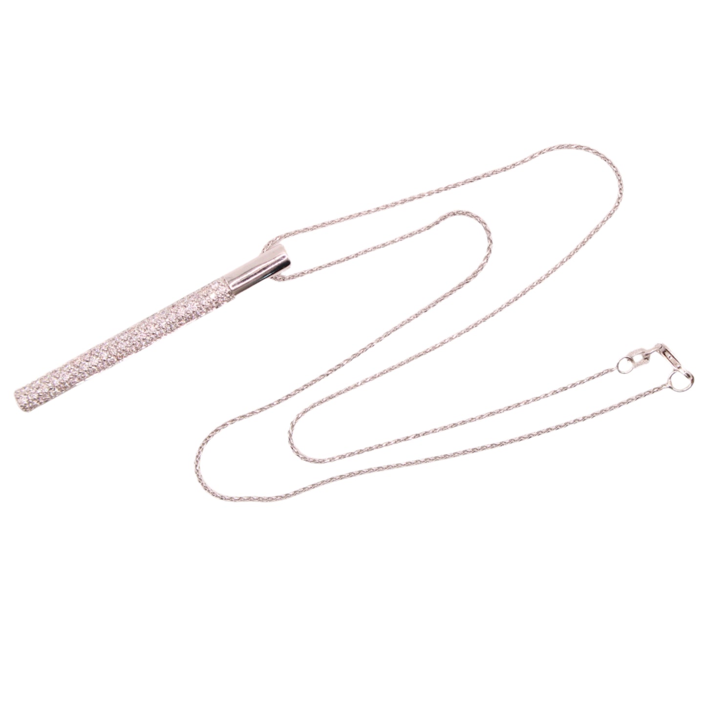 14kt White Gold Diamond Pave Vertical Bar Pendant Wheat Chain Necklace