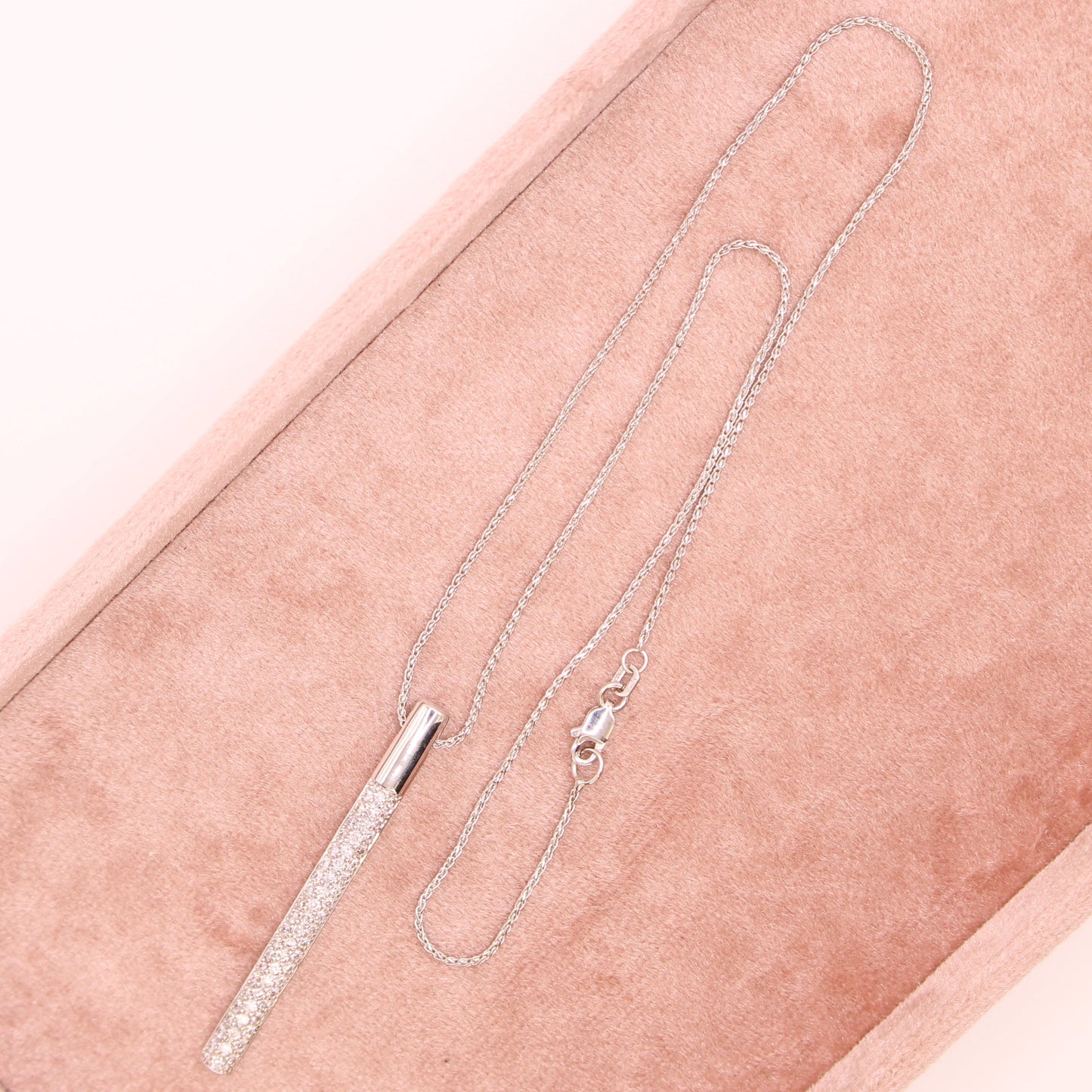 14kt White Gold Diamond Pave Vertical Bar Pendant Wheat Chain Necklace