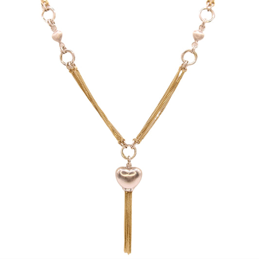 14kt Two Tone Yellow Gold Multi Strand Station Heart Fringe Statement Necklace