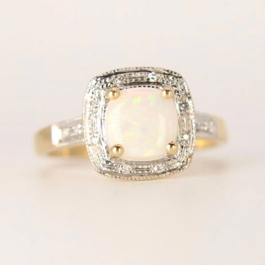 14kt Two Tone Yellow White Gold Diamond Cushion Cut Cabochon Opal Halo Ring