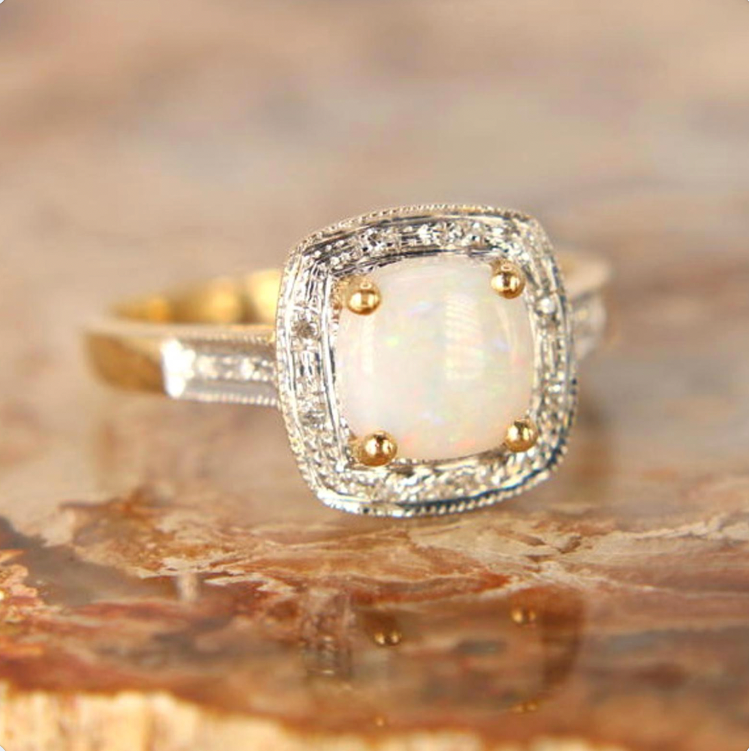 14kt Two Tone Yellow White Gold Diamond Cushion Cut Cabochon Opal Halo Ring