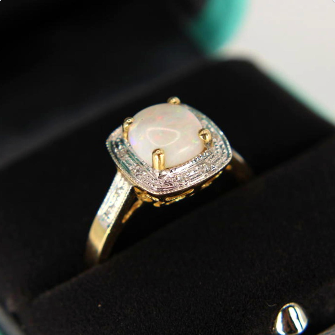 14kt Two Tone Yellow White Gold Diamond Cushion Cut Cabochon Opal Halo Ring