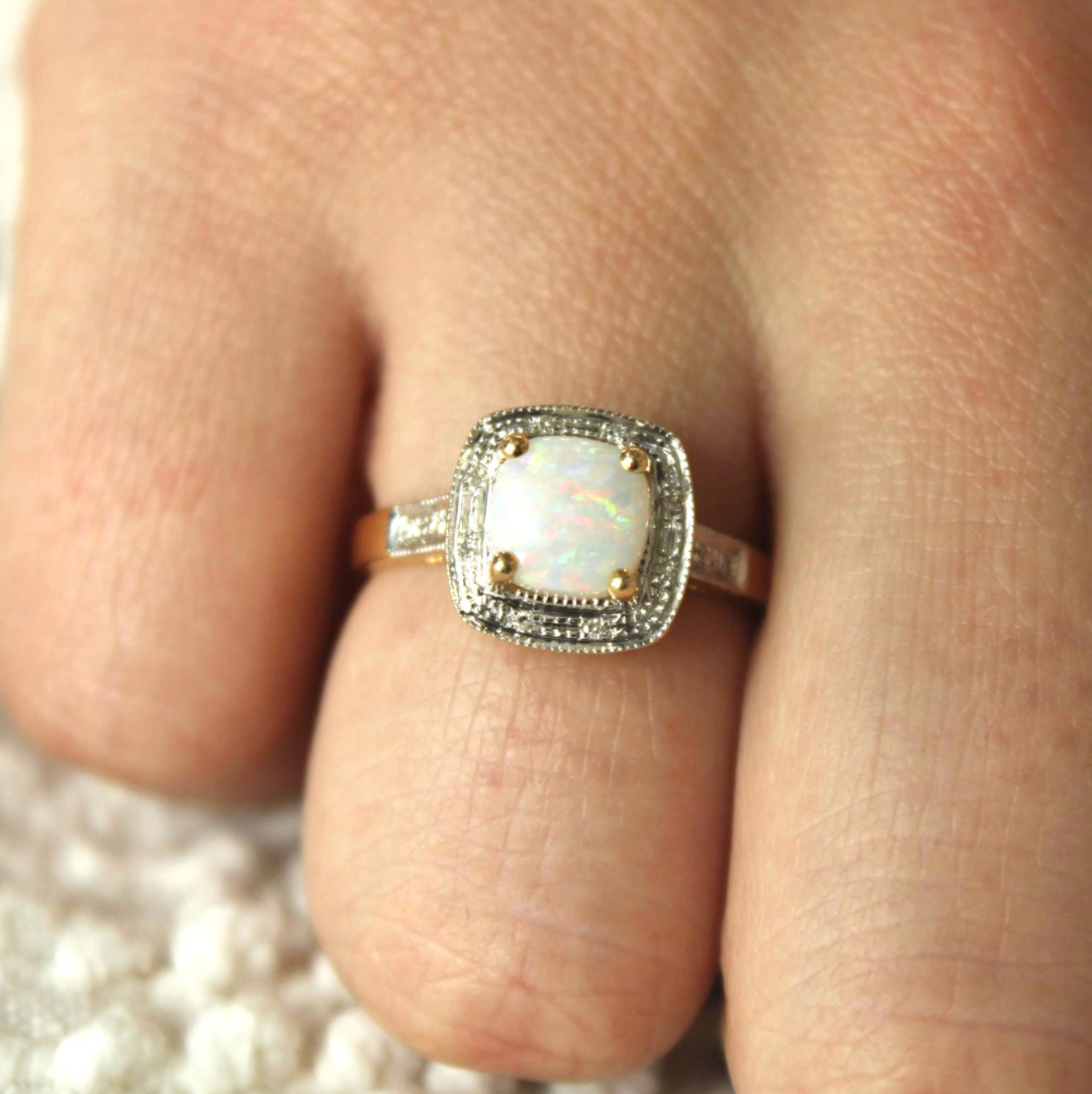 14kt Two Tone Yellow White Gold Diamond Cushion Cut Cabochon Opal Halo Ring