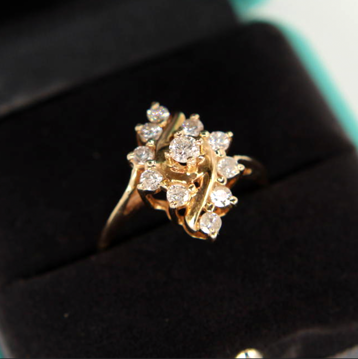 Vintage 14kt Yellow Gold Diamond Navette Cluster Cocktail Engagement Ring 7.25