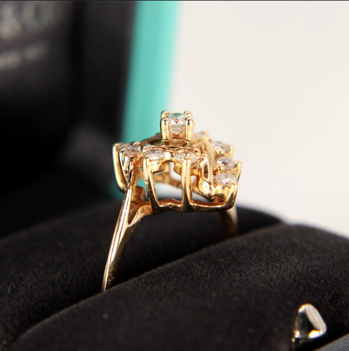 Vintage 14kt Yellow Gold Diamond Navette Cluster Cocktail Engagement Ring 7.25