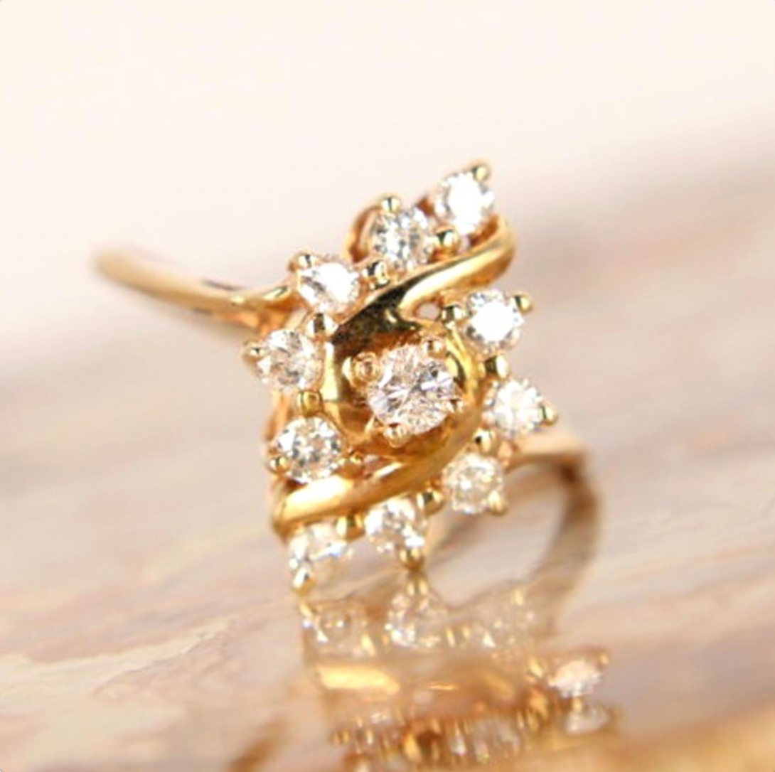 Vintage 14kt Yellow Gold Diamond Navette Cluster Cocktail Engagement Ring 7.25