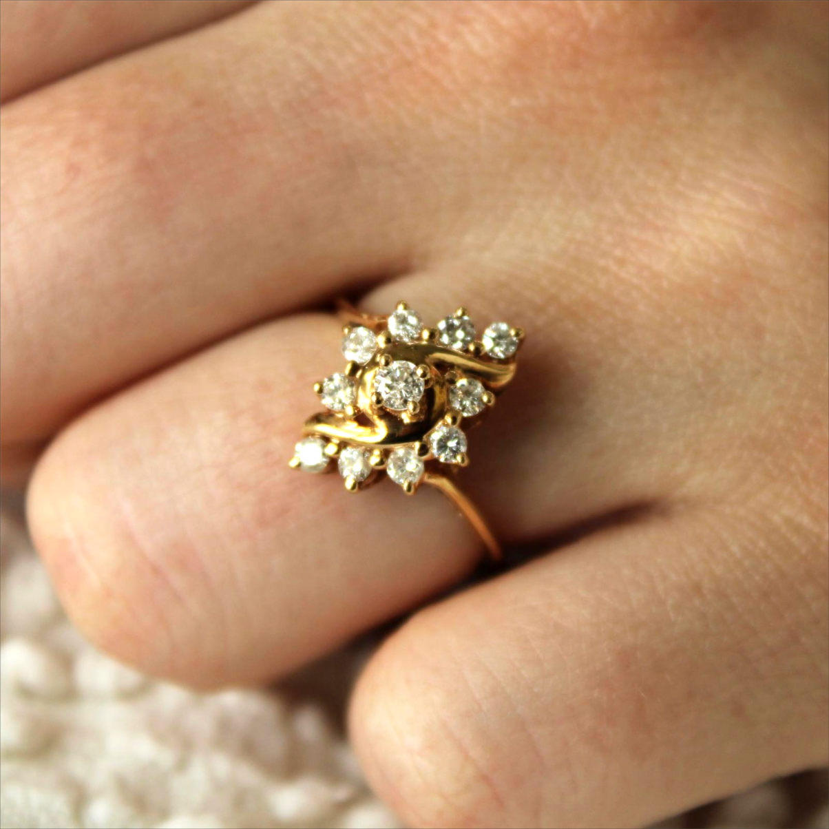 Vintage 14kt Yellow Gold Diamond Navette Cluster Cocktail Engagement Ring 7.25