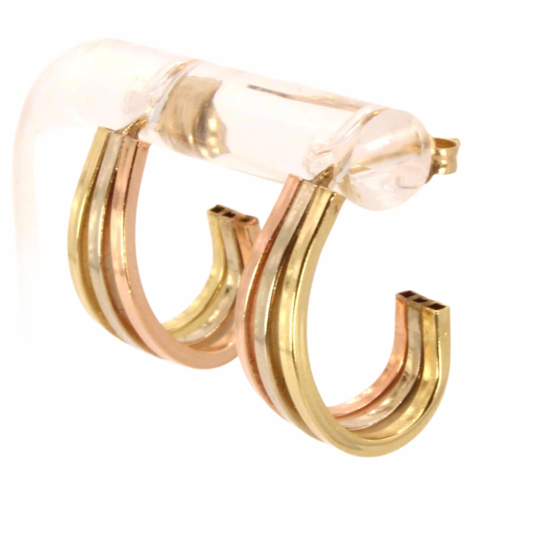 14kt Tricolor Yellow Rose White Gold 0.7" J Hoop Post Earrings