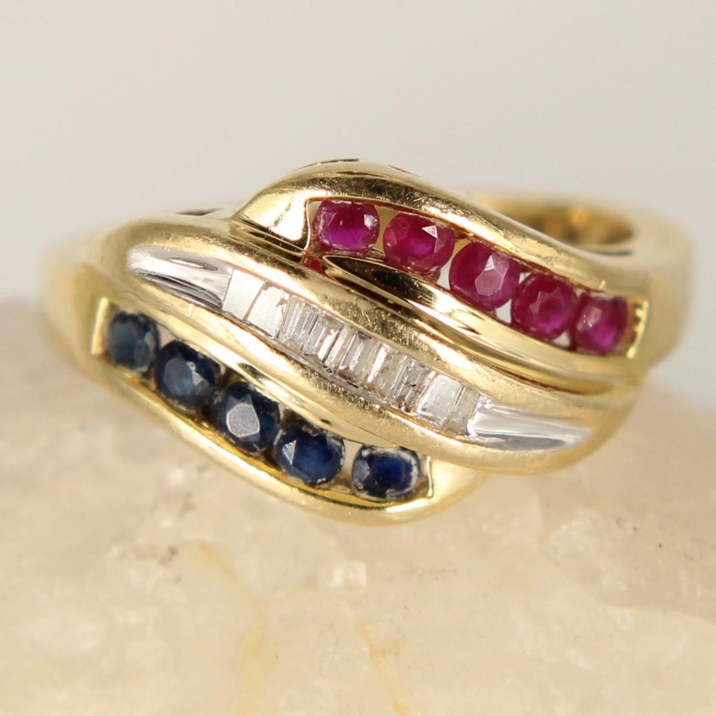 Alwand Vahan 14K Gold Baguette Diamond Ruby Sapphire Bypass Ring Size 7