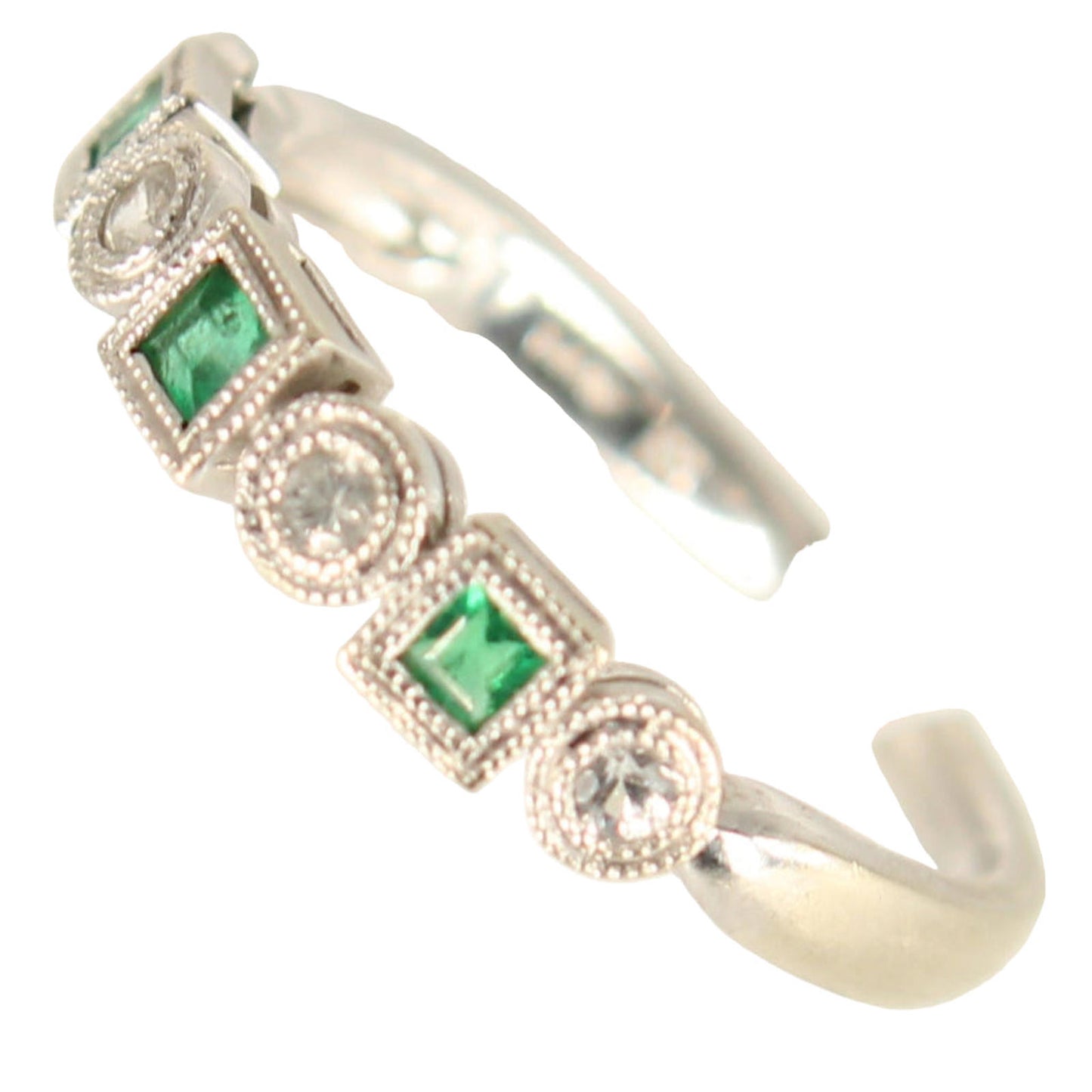14k White Gold Natural Emerald White Sapphire Stacker Ring Size 7.25