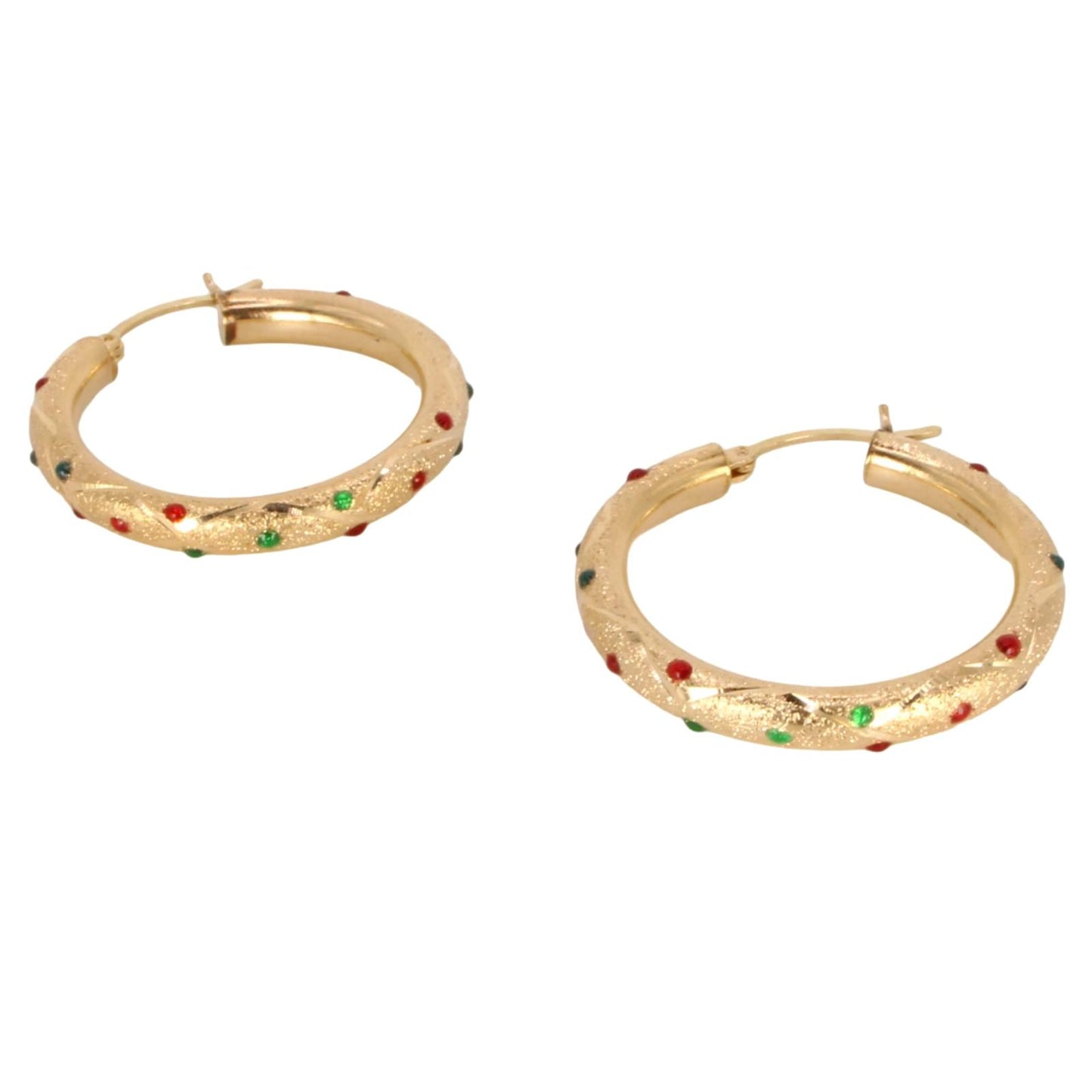 Vintage 14kt Yellow Gold Etched Enamel Dot Hoop Earrings 1.3"