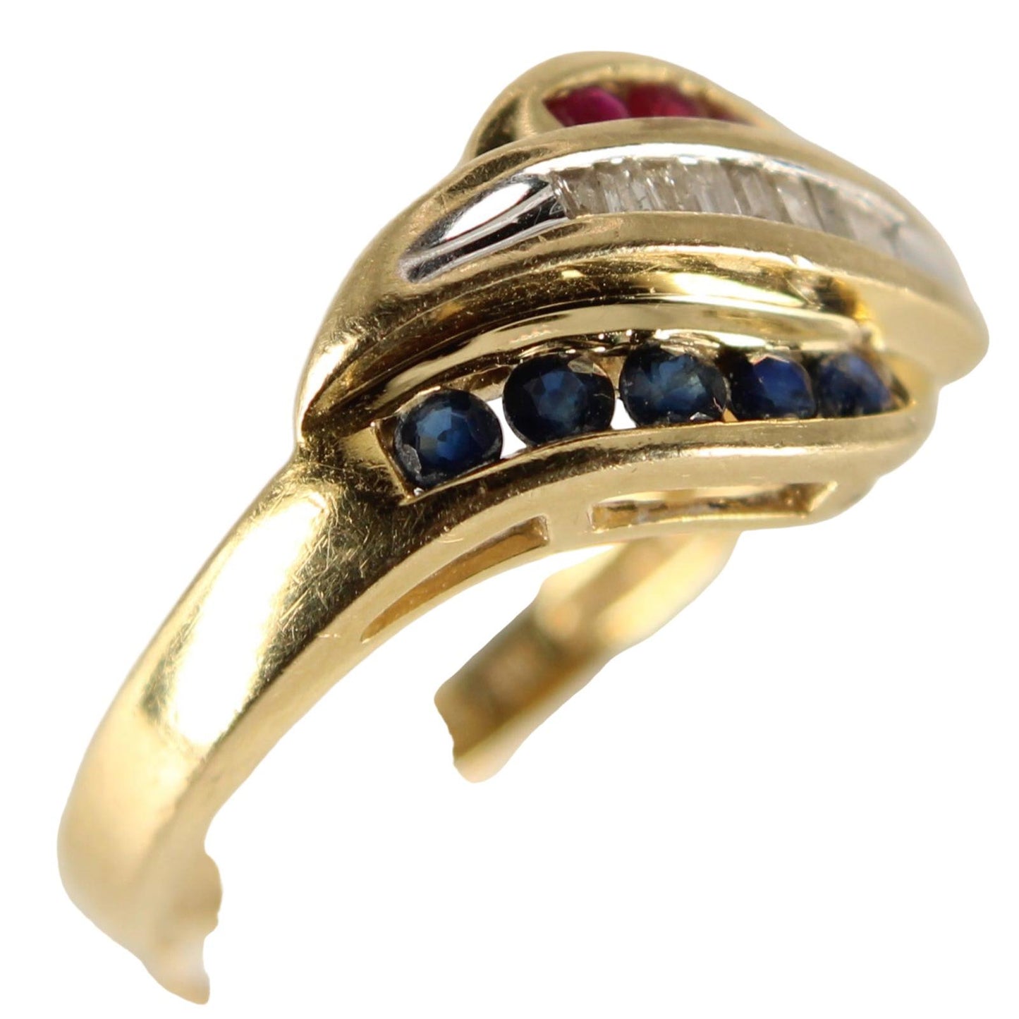 Alwand Vahan 14K Gold Baguette Diamond Ruby Sapphire Bypass Ring Size 7