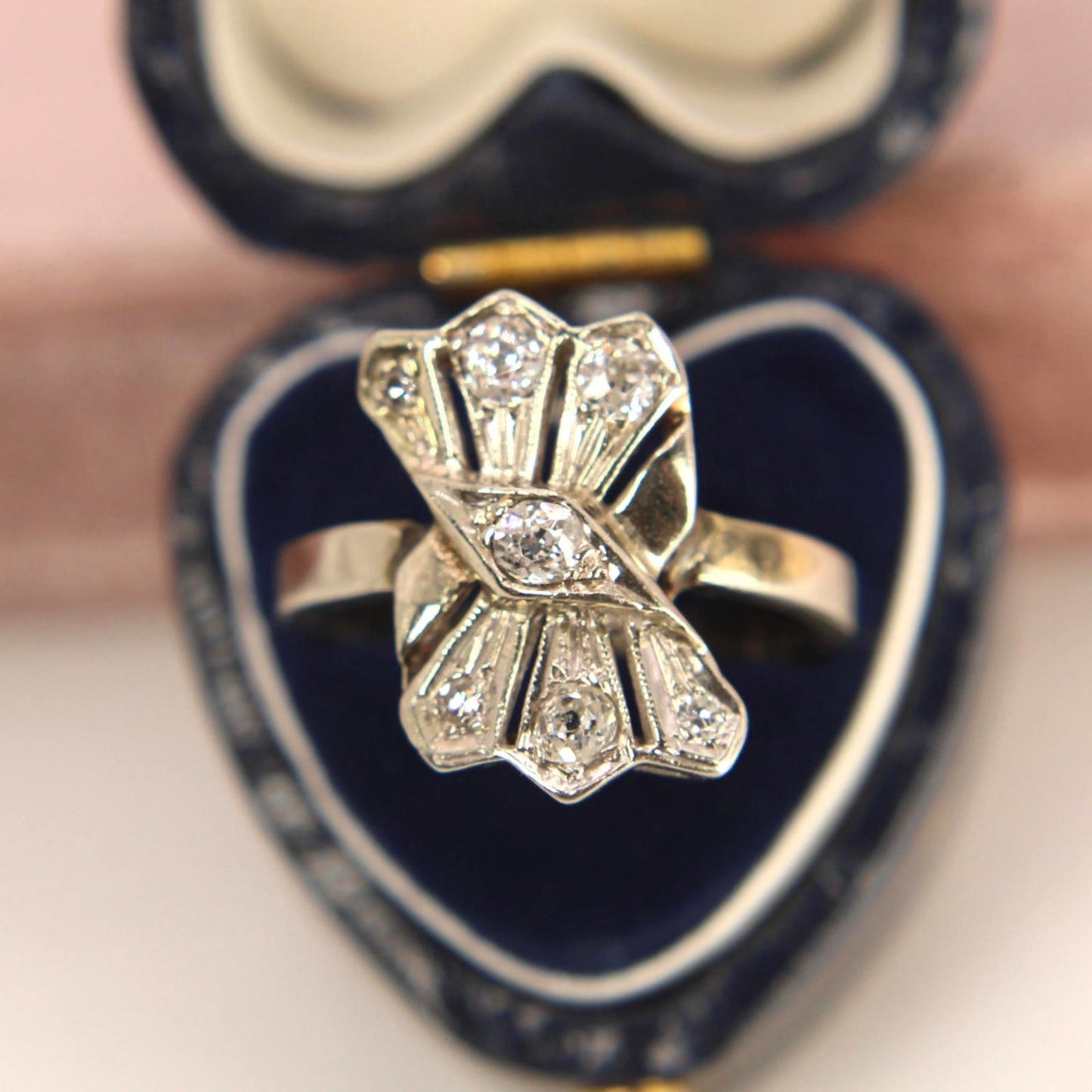Antique 14kt White Gold Natural Old Mine Cut Diamond Cocktail Fan Ring Size 7