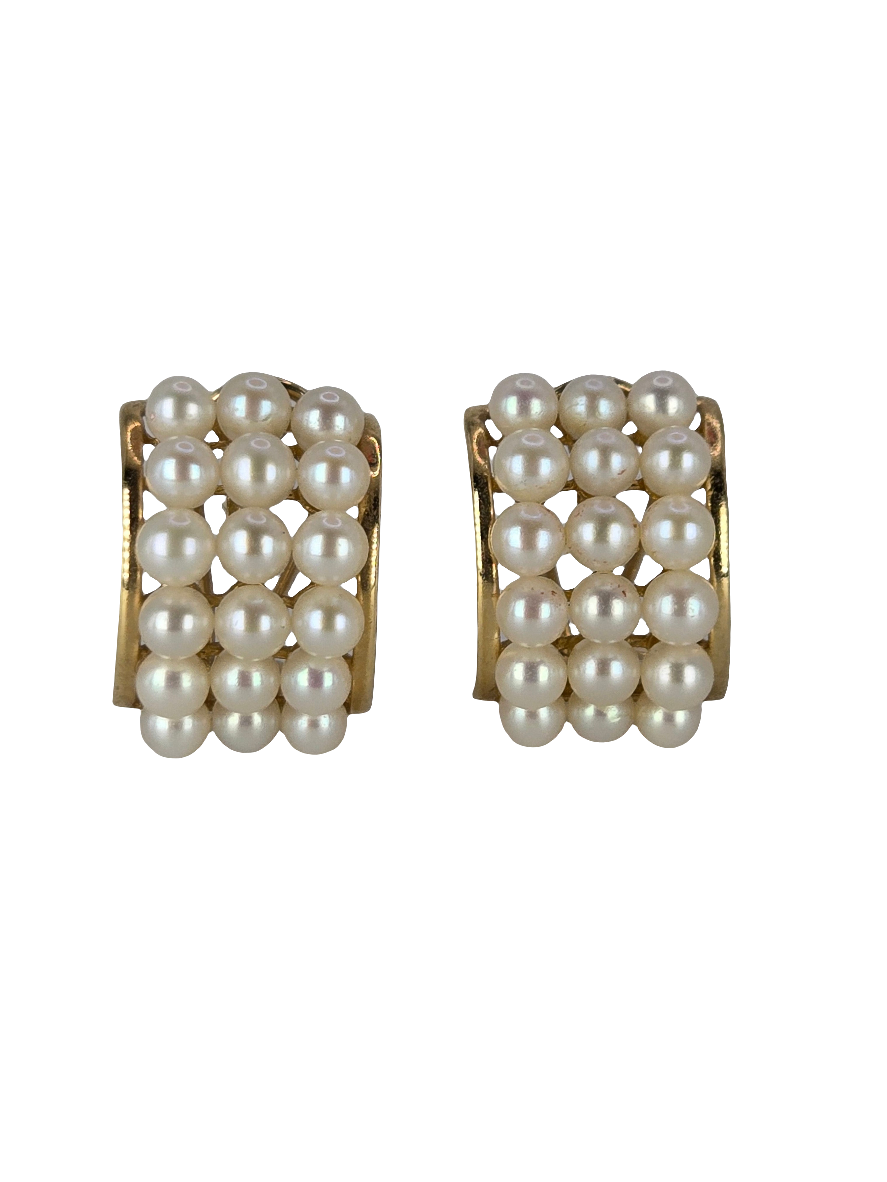 14kt Yellow Gold Pearl Grid French Omega Clip Pierced Earrings