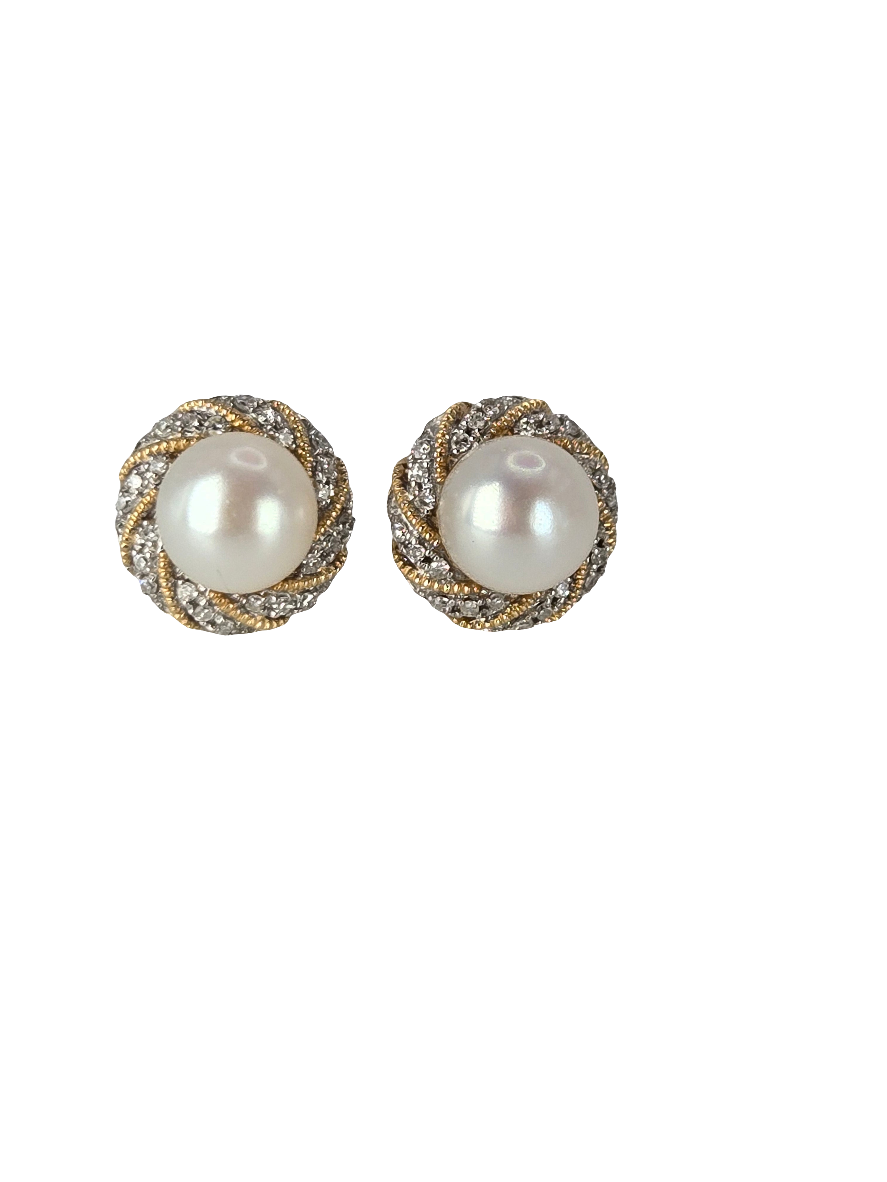 Alwand Vahan 14kt Two Tone Yellow White Gold Diamond Halo Pearl Pierced Stud Earrings