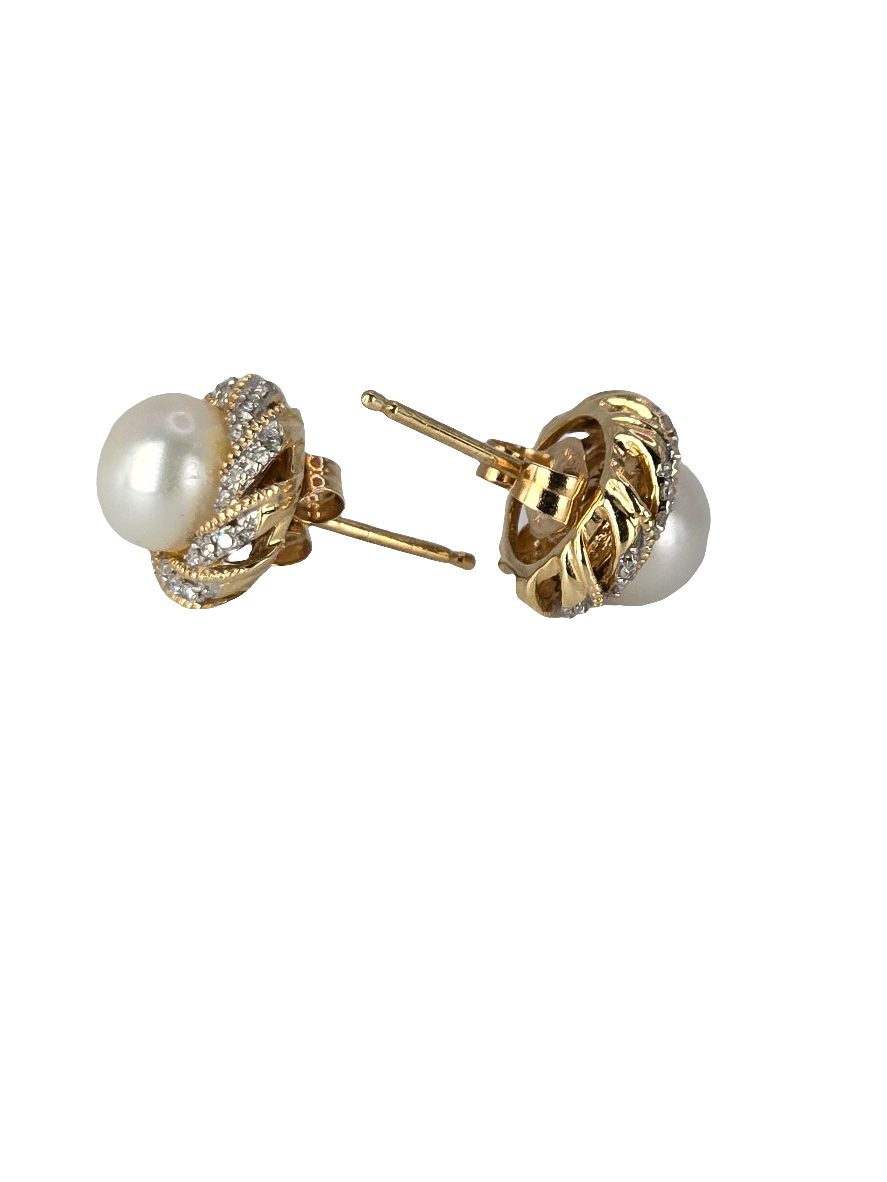 Alwand Vahan 14kt Two Tone Yellow White Gold Diamond Halo Pearl Pierced Stud Earrings