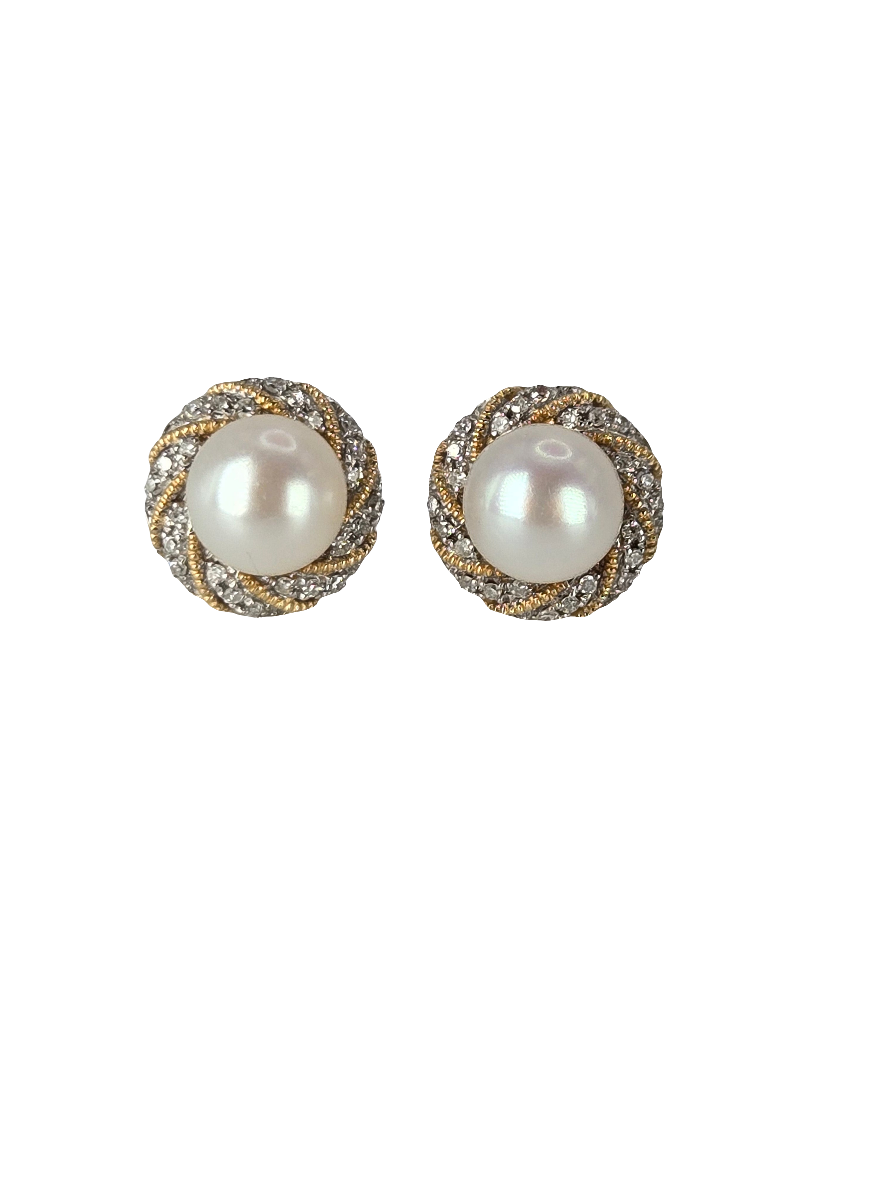 Alwand Vahan 14kt Two Tone Yellow White Gold Diamond Halo Pearl Pierced Stud Earrings