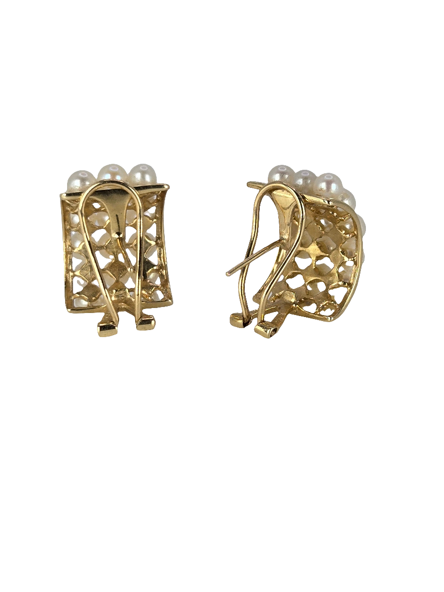14kt Yellow Gold Pearl Grid French Omega Clip Pierced Earrings