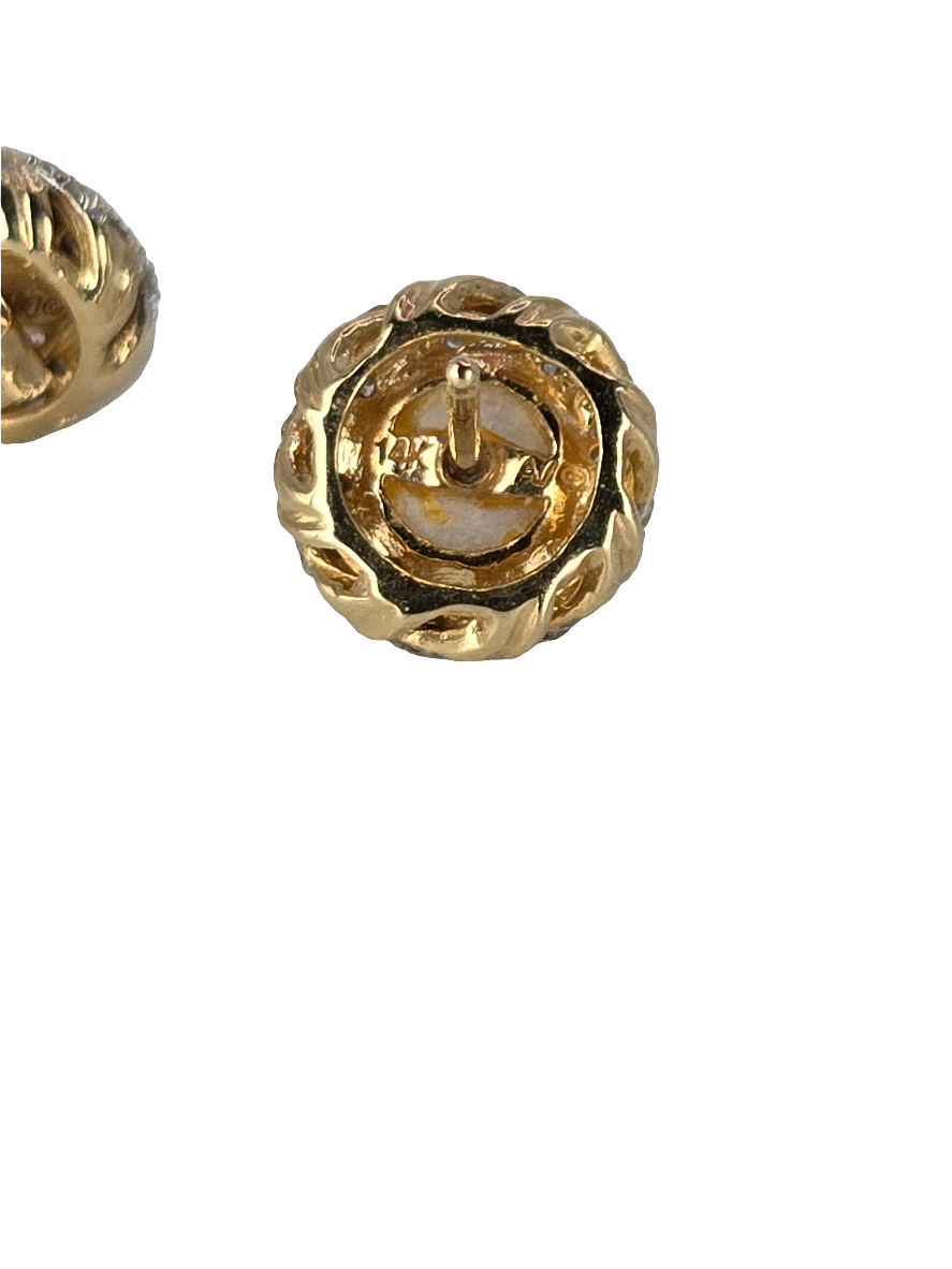 Alwand Vahan 14kt Two Tone Yellow White Gold Diamond Halo Pearl Pierced Stud Earrings