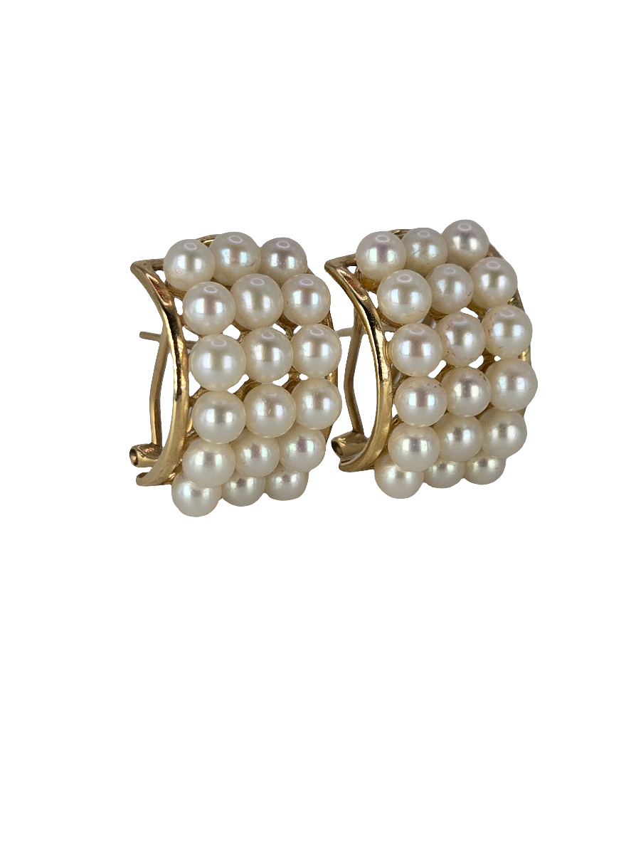 14kt Yellow Gold Pearl Grid French Omega Clip Pierced Earrings