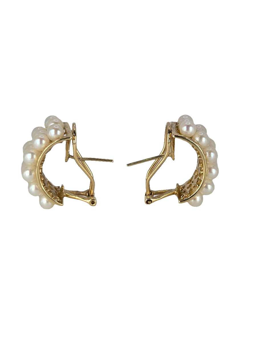 14kt Yellow Gold Pearl Grid French Omega Clip Pierced Earrings