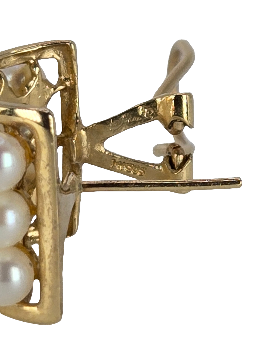 14kt Yellow Gold Pearl Grid French Omega Clip Pierced Earrings