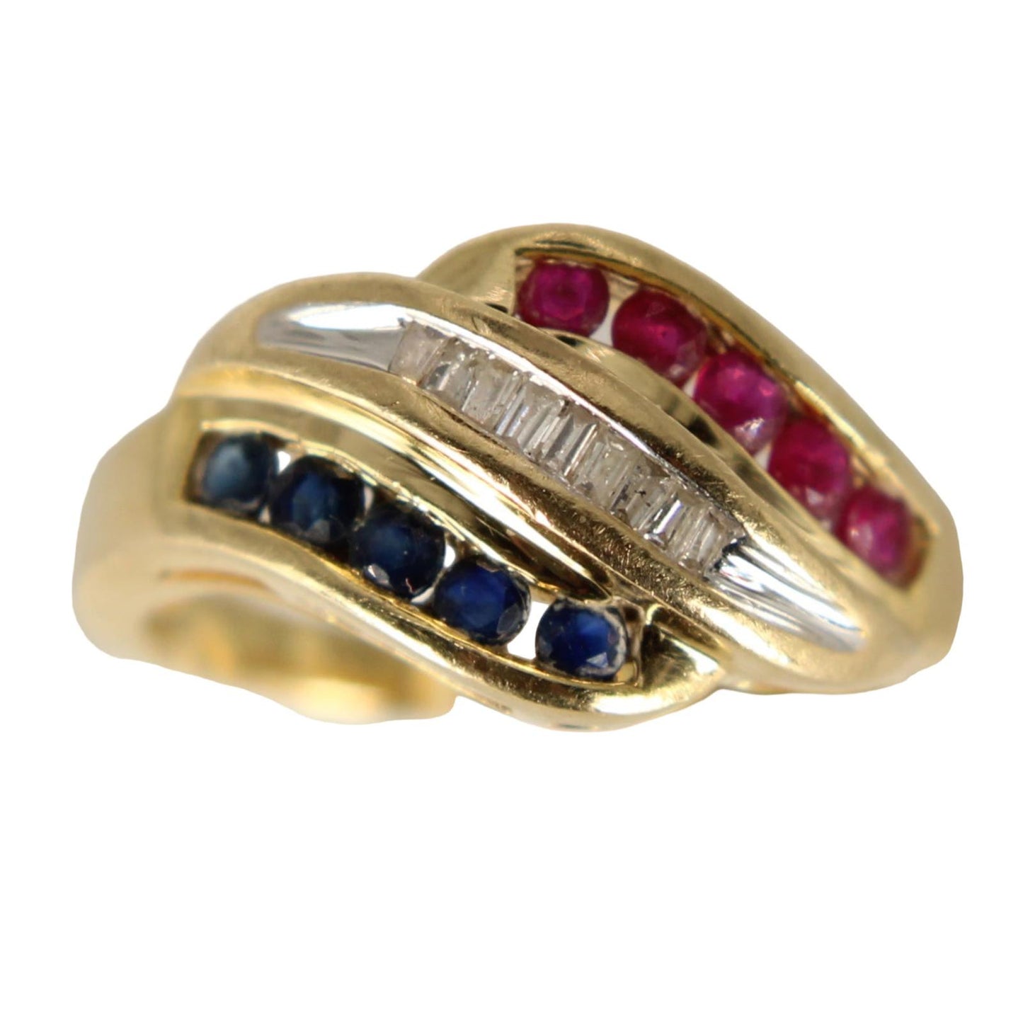 Alwand Vahan 14K Gold Baguette Diamond Ruby Sapphire Bypass Ring Size 7